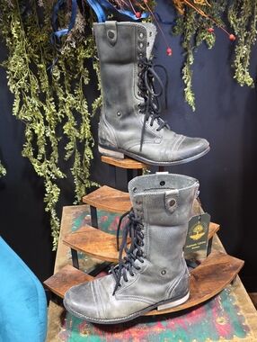 Diba Green/ Gray Lace-Up Combat Leather Boots